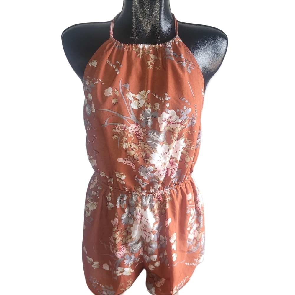 Shein Rust Colored Floral Halter Neck Romper XL